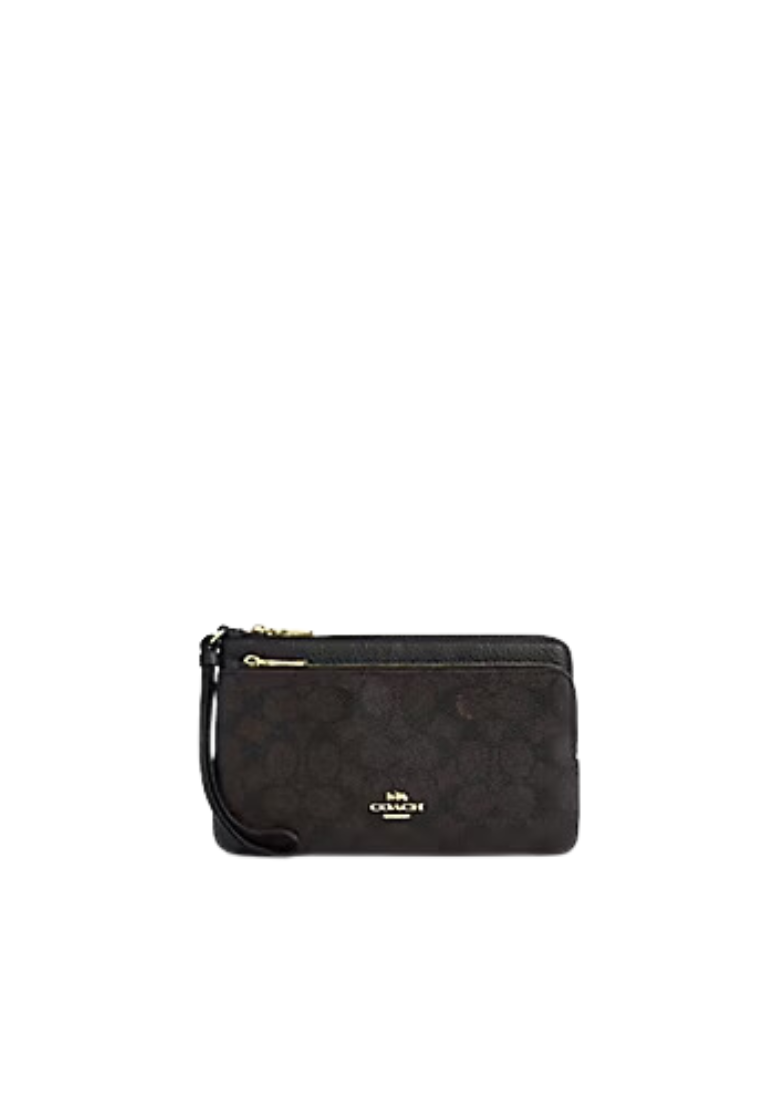 Coach Double Zip Wristlet Signature Canvas In Walnut Black CX161 Coach Double Zip Wristlet Signature Canvas In Walnut Black CX161