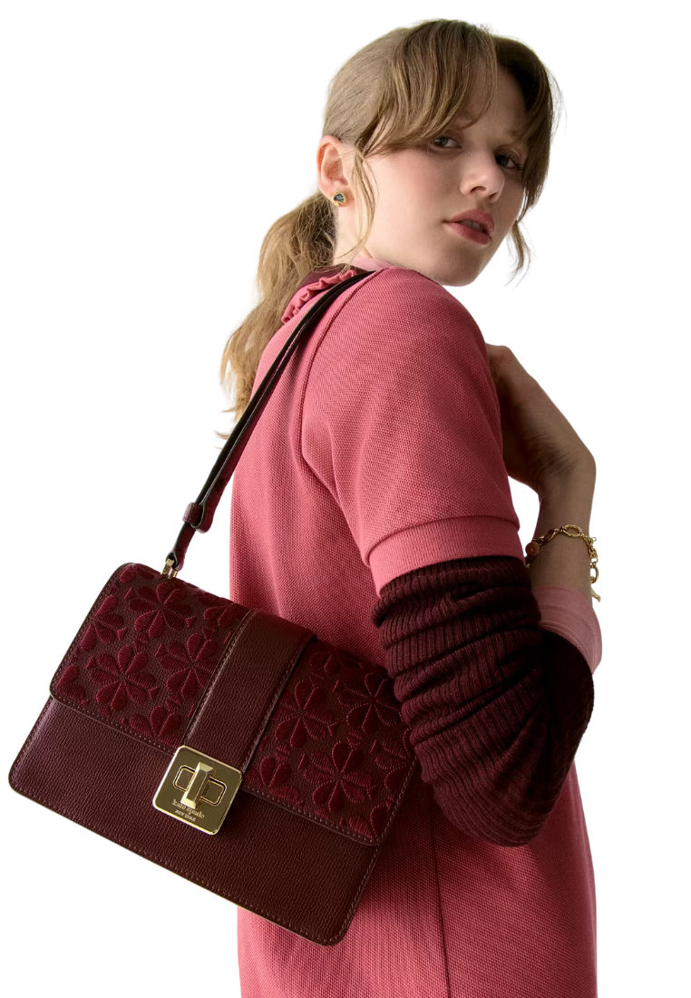 ( PREORDER ) Kate Spade Spade Flower Embroidered Flap Shoulder Bag In Dark Merlot KM153