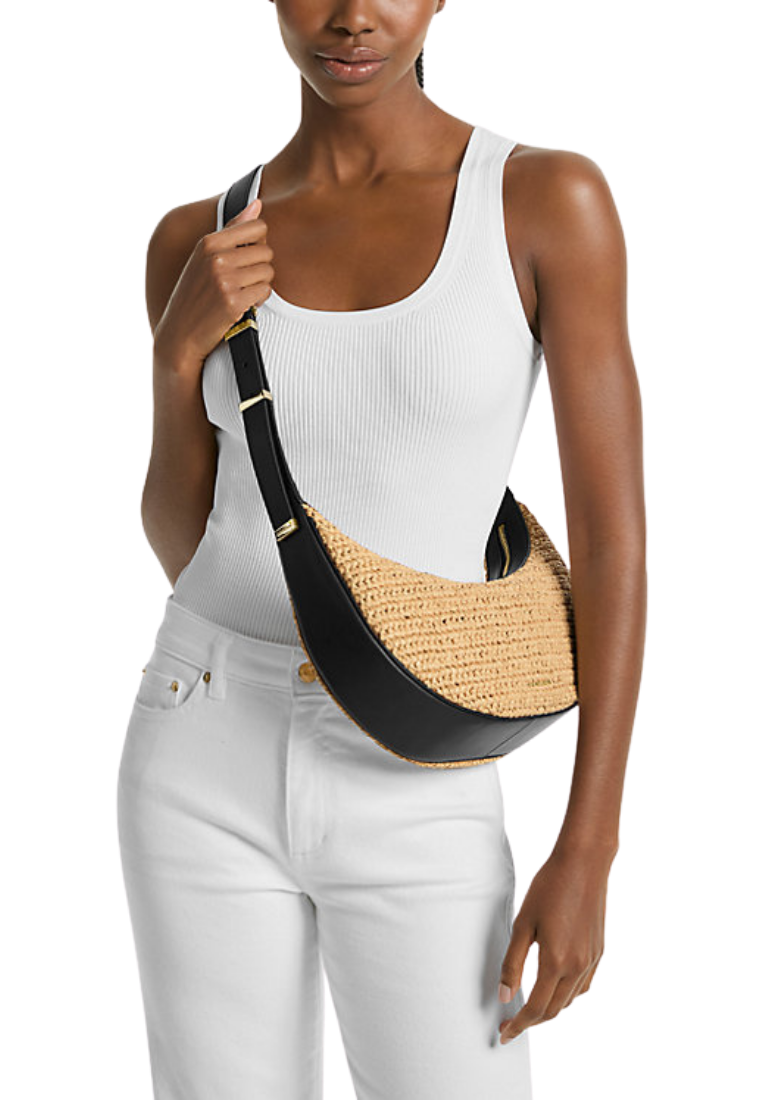 ( PREORDER ) Michael Kors Avra Medium Hand-Crocheted and Leather Crossbody Bag In Natural Black 32S5G1FC6W