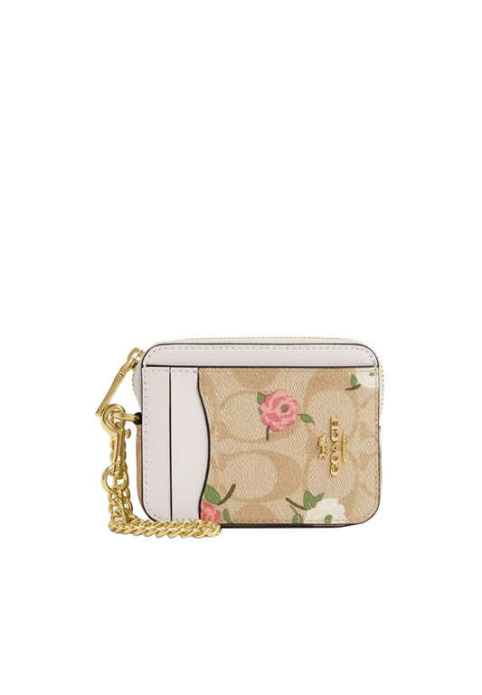 Coach Zip Card case In Signature Canvas With Floral Print In Light Khaki Chalk Multi CR971