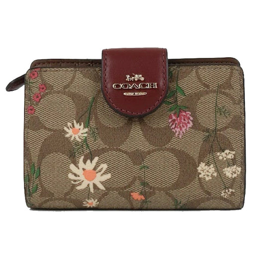 ( AS IS ) Coach Signature Medium Corner Zip C8730 Wallet With Wildflower Print In Khaki Multi