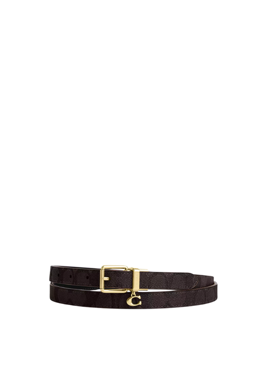 ( PREORDER ) Coach Roller Buckle Cut-To-Size Reversible In Signature Canvas With Charm, 18 Mm Belt In Gold Walnut Black CCJ04