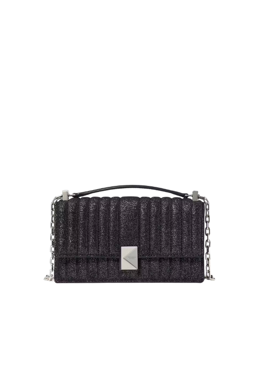 ( PREORDER ) Kate Spade Deco Quilted Glitter Suede Mini Flap Chain Crossbody Bag In Navy Multi KJ654