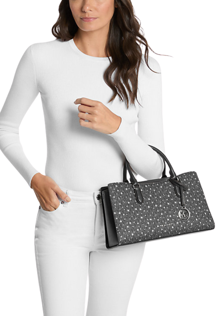 ( PREORDER ) Michael Kors Arden Medium Printed Signature Logo Satchel Bag In Black 35F5S4XS2I