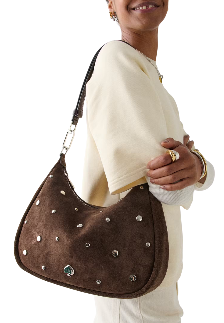( PREORDER ) Kate Spade Kayla Suede Studs Large Shoulder Bag In Hot Fudge KM671