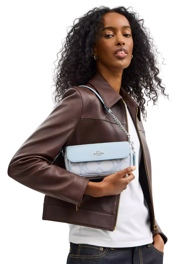 ( PREORDER ) Coach Hailey Flap In Sketch Signature Canvas Shoulder Bag In Silver Ice Blue CBJ18