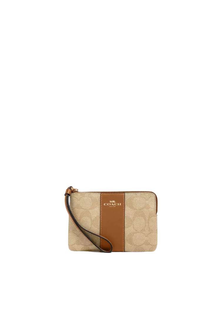 Coach Corner Zip Wristlet In Signature Canvas In Light Khaki Saddle CS602