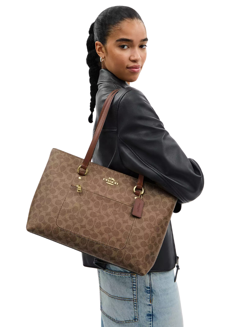 ( PREORDER ) Coach Station In Signature Canvas Tote Bag In Gold Tan Brown CCD69