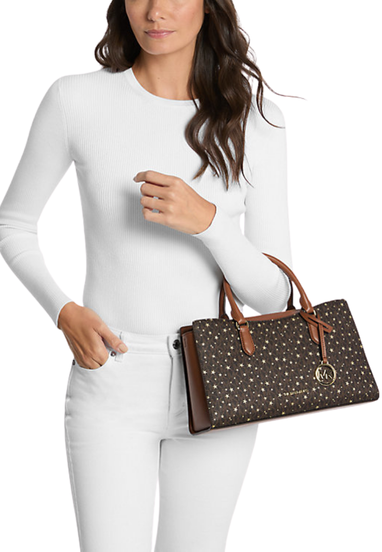 ( PREORDER ) Michael Kors Arden Medium Printed Signature Logo Satchel Bag In Brown 35F5G4XS2I
