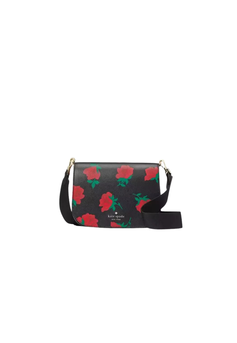 Kate Spade Madison Saddle Bag Rose Toss Printed In Black Multi KE533