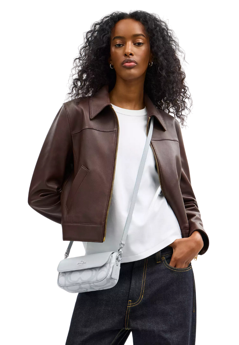 ( PREORDER ) Coach Hailey Flap In Sketch Signature Canvas Shoulder Bag In Silver Ice Blue CBJ18