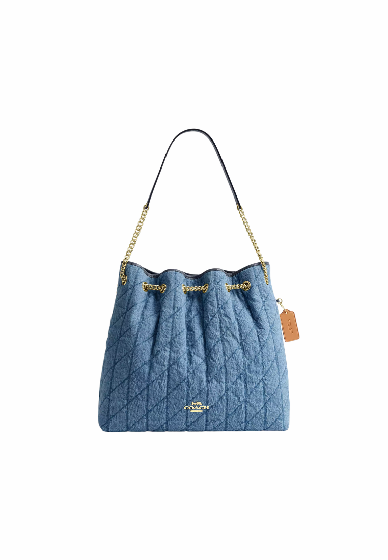 ( PREORDER ) Coach Evelyn Large In Regenerative Cotton With Quilting Shoulder Bag In Gold Indigo CDC01