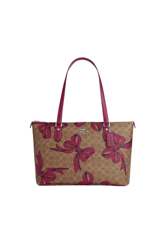 Coach Gallery Tote Bag With Bow Print In Tan Pink Multi CZ174