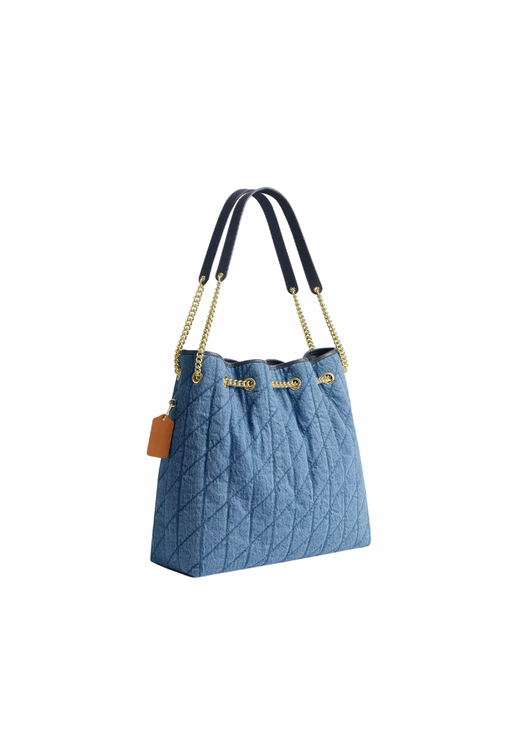 ( PREORDER ) Coach Evelyn Large In Regenerative Cotton With Quilting Shoulder Bag In Gold Indigo CDC01