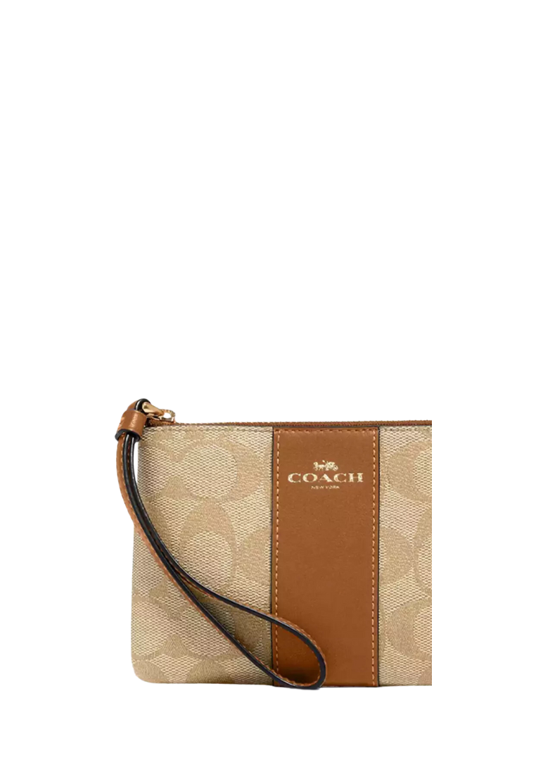 Coach Corner Zip Wristlet In Signature Canvas In Light Khaki Saddle CS602