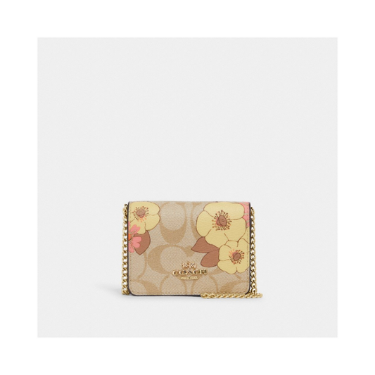 Coach Mini Wallet Chain CH714 Signature Canvas With Floral Cluster Print In Light Khaki Multi