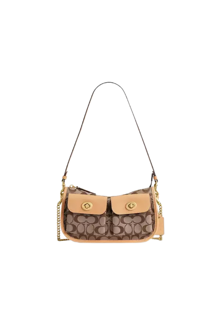 ( PREORDER ) Coach Twin Turnlock Waverly In Signature Jacquard Shoulder Bag In Khaki Light Peach CEM79