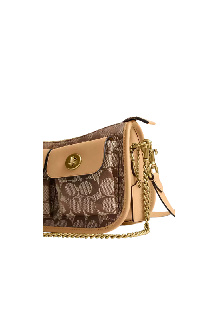 ( PREORDER ) Coach Twin Turnlock Waverly In Signature Jacquard Shoulder Bag In Khaki Light Peach CEM79