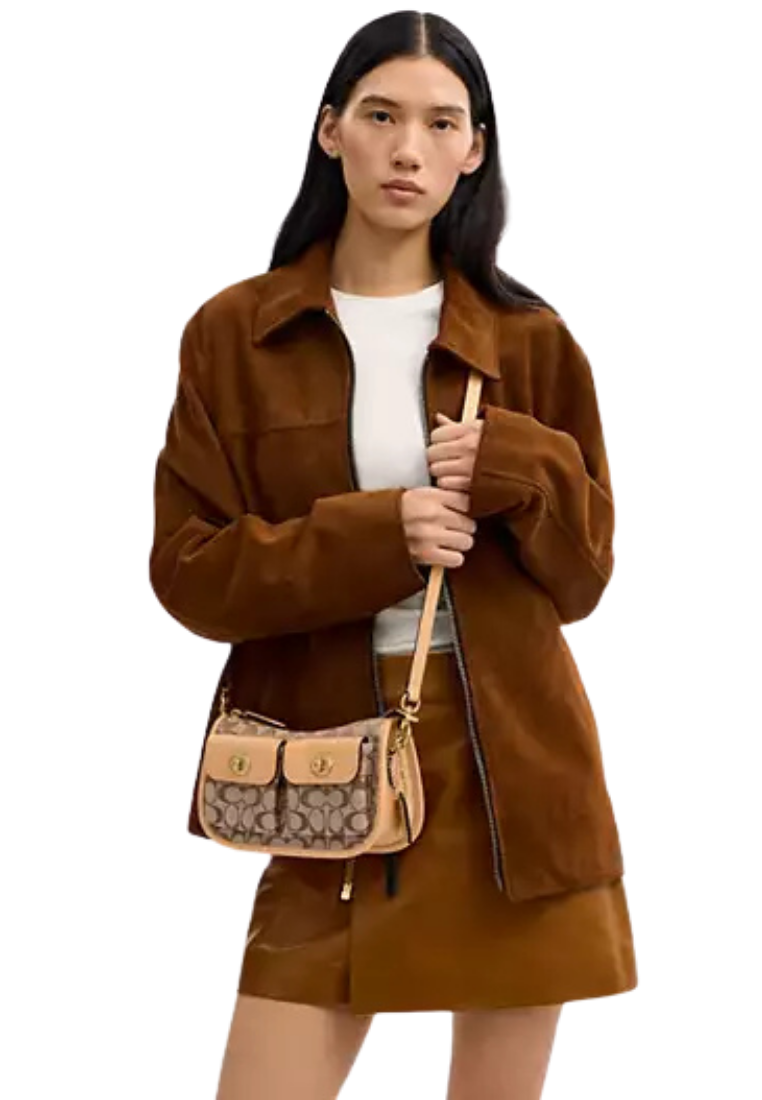 ( PREORDER ) Coach Twin Turnlock Waverly In Signature Jacquard Shoulder Bag In Khaki Light Peach CEM79