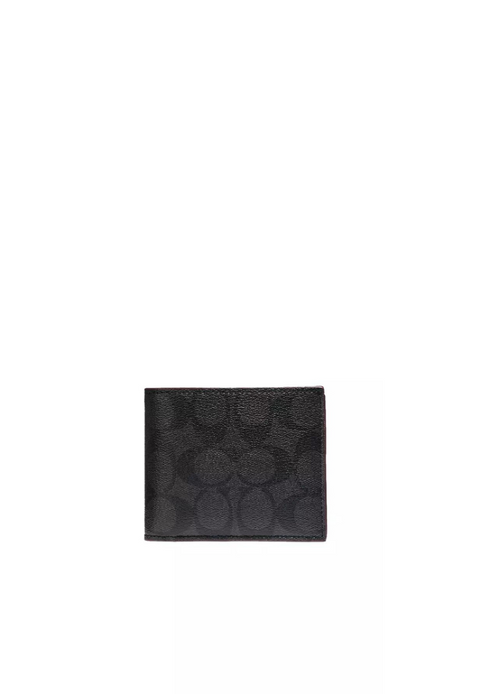 Coach Compact ID Wallet Signature PVC In Black Oxblood 25519