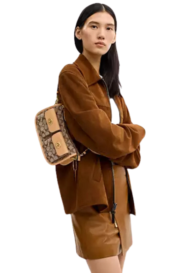 ( PREORDER ) Coach Twin Turnlock Waverly In Signature Jacquard Shoulder Bag In Khaki Light Peach CEM79