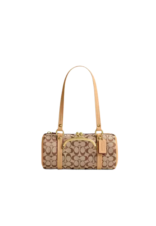 ( PREORDER ) Coach Kisslock Barrel 28 In Signature Jacquard Shoulder Bag In Khaki Light Peach CEN91