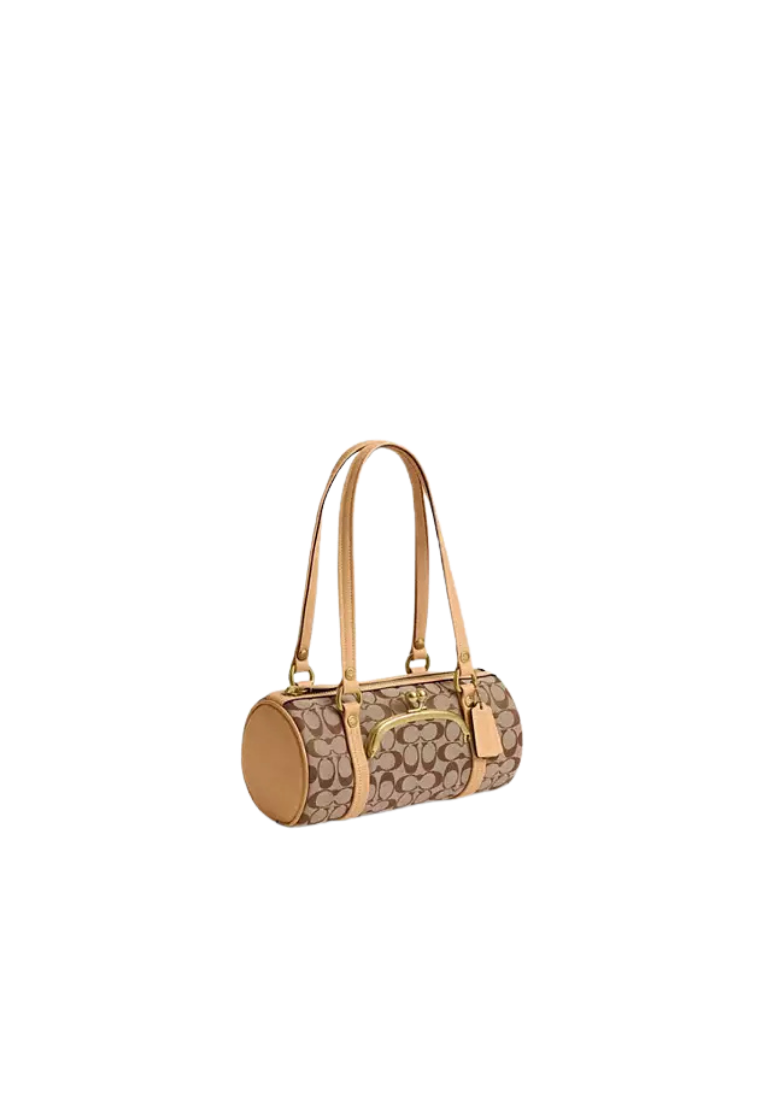 ( PREORDER ) Coach Kisslock Barrel 28 In Signature Jacquard Shoulder Bag In Khaki Light Peach CEN91