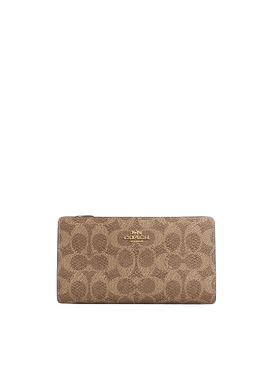 Coach Slim Zip Wallet In Signature Canvas In Tan Brown CW661