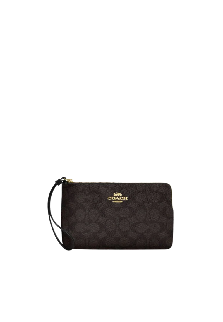 Coach Large Corner Zip Wristlet Signature Canvas In Walnut Black CZ277