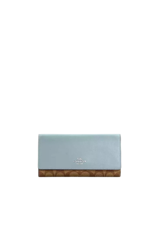 ( AS IS ) Coach Signature Slim C5966 Trifold Wallet In Khaki Powder Blue