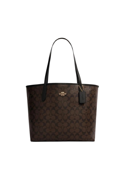 Coach Signature Canvas 5696 City Tote Bag In Brown Black