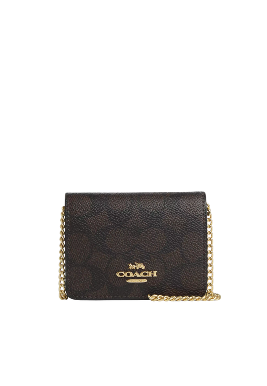Coach Mini Wallet On A Chain In Signature Canvas In Walnut Black CZ278