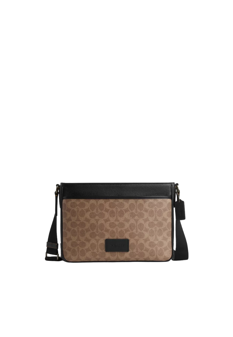 Coach District Crossbody Bag Signature Canvas In Tan Black CV761