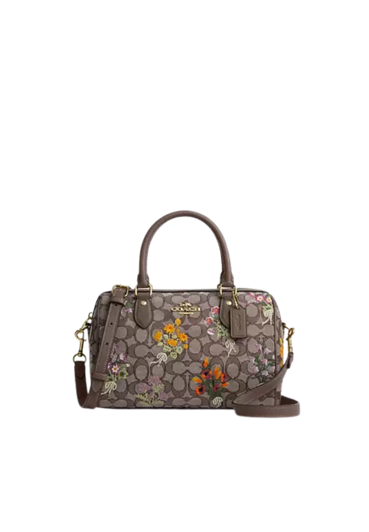Coach Rowan Satchel Bag In Signature Jacquard With Floral Embroidery In Oak Multi CDZ01