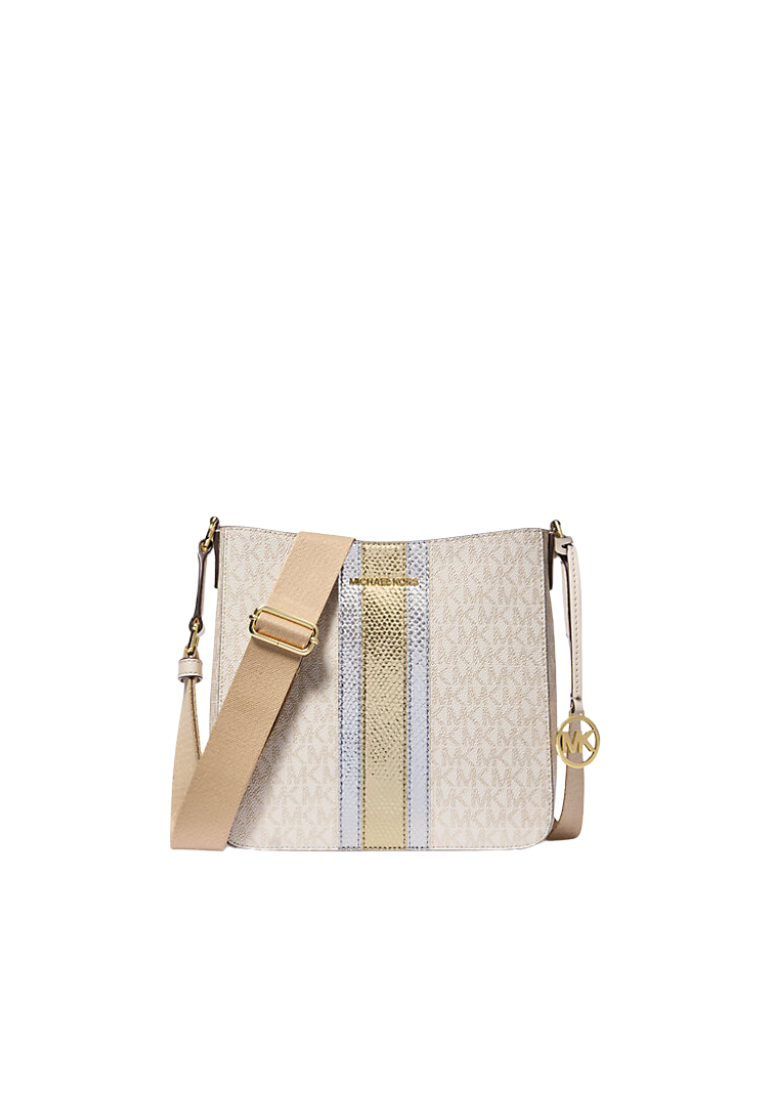 Michael Kors Jet Set Travel Small Signature Logo and Metallic Messenger Bag In Pale Gold 35F4GTVC5V