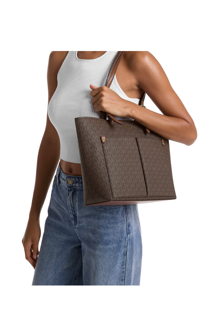 Michael Kors Jet Set Travel Handbag Medium Double Pocket Tote In Signature Brown 35F3GTVT3B