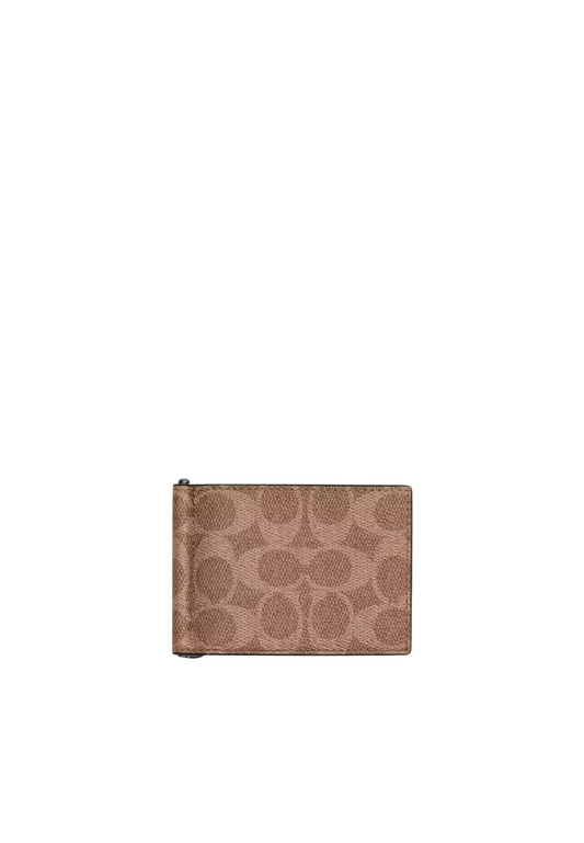 Coach Slim Money Clip Wallet Billfold In Tan Black CY059