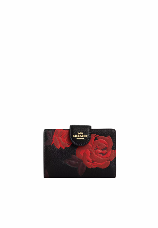 Coach Medium Corner Zip Wallet Signature Floral Print In Black Red CCL63