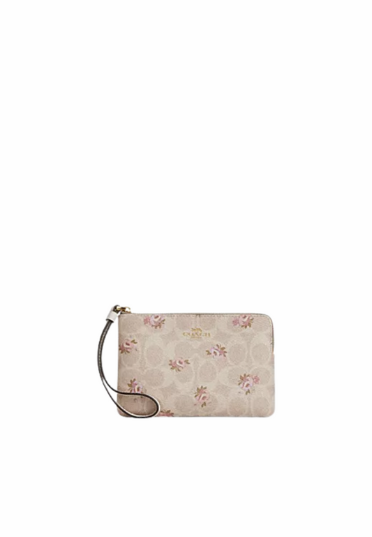 Coach Corner Zip Wristlet Signature Canvas With Floral Print In Sand Multi CAR20