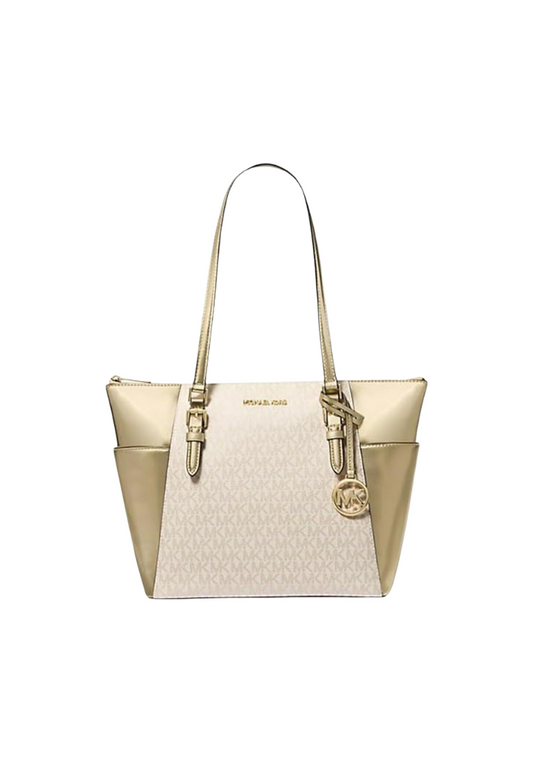 Michael Kors Charlotte Tote Bag Metallic Top-Zip In Pale Gold 35F4GCFT3V