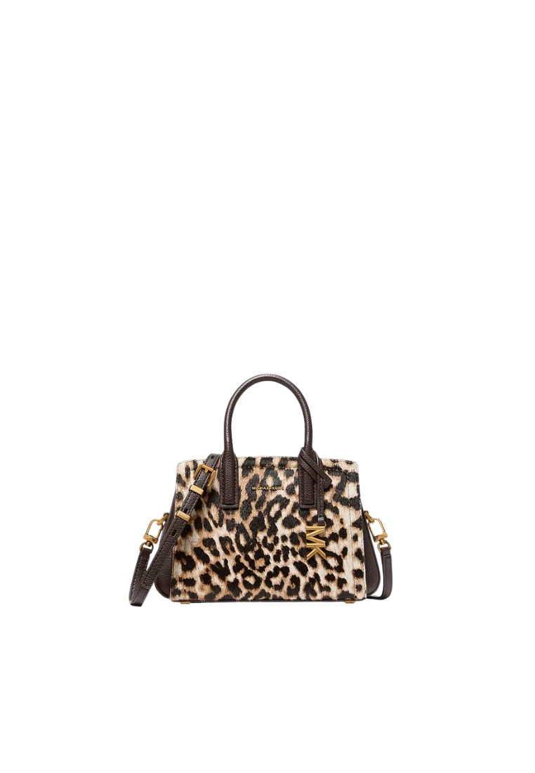 ( PREORDER ) Michael Kors Laila Small Leopard Print Calf Hair Satchel Bag In Burnt Khaki 32F6A9IC0H