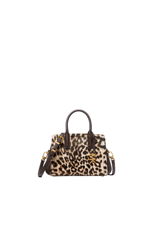 ( PREORDER ) Michael Kors Laila Small Leopard Print Calf Hair Satchel Bag In Burnt Khaki 32F6A9IC0H