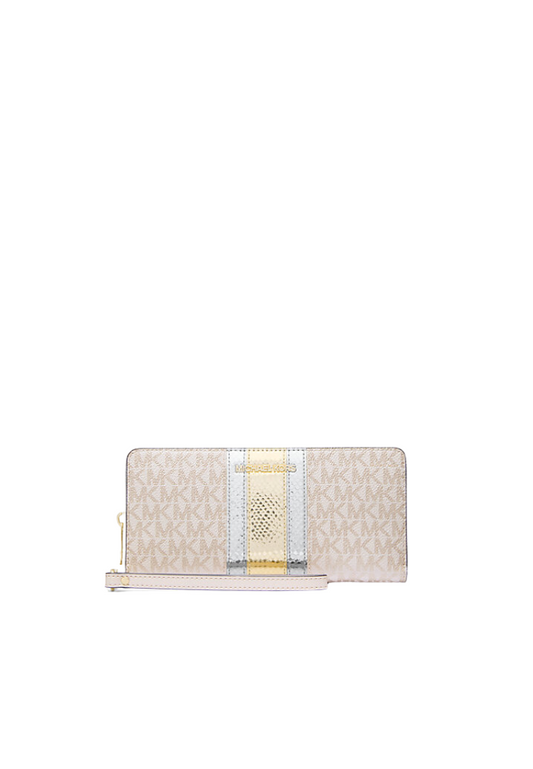 Michael Kors Jet Set Travel Large Signature Logo and Metallic Continental Wallet In Pale Gold 35F4GTVE7V