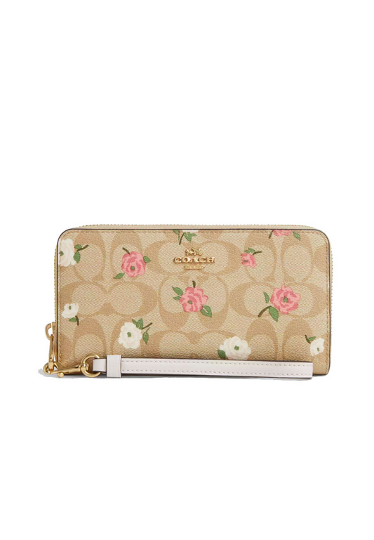 Coach Long Zip Around Wallet In Signature Canvas With Floral Print In Light Khaki CR966