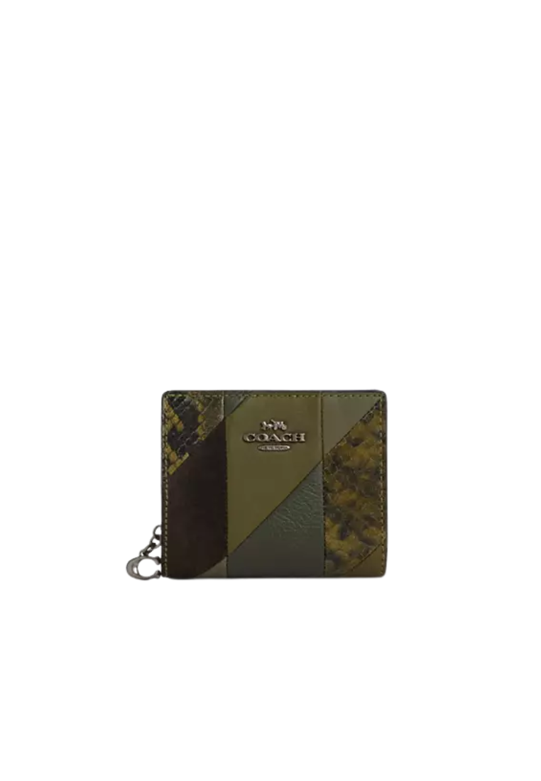 Coach Snap Wallet With Patchwork And Snake Print In Olive Multi CCL77