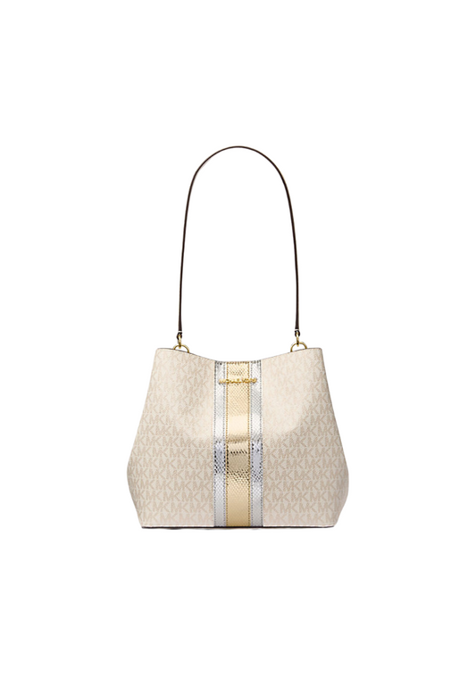 Michael Kors Pratt Medium Signature Logo and Metallic Shoulder Bag In Pale Gold 35F4G3FS2V