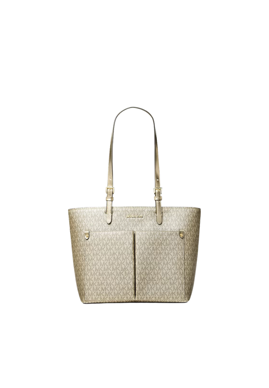 Michael Kors Jet Set Medium Metallic Signature Logo Pocket Tote Bag In Pale Gold 35S6GTVT8M