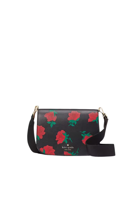 Kate Spade Madison Saddle Bag Rose Toss Printed In Black Multi KE533