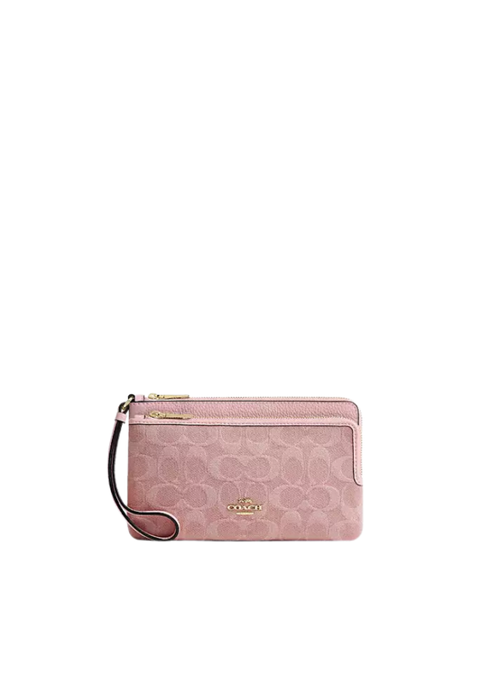 Coach Double Zip Wallet Signature Denim In Light Pink CDN22
