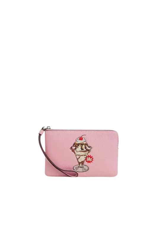 Coach Corner Zip Wristlet With Sundae Graphic In Cherry Blossom CU254